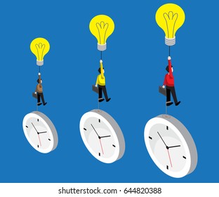 businessman flying by bulb idea and weight with time, business concept vector illustration