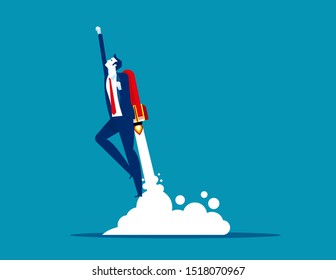 Businessman Flying Up By Rocket. Concept Business Growth Vector Illustration, Rocket And Take Off