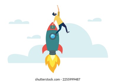 Businessman flying up by rocket. Concept business growth vector illustration, Rocket and take off