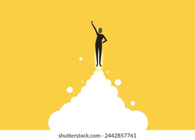 Businessman flying up by rocket. Concept of business growth, success, target and opportunity