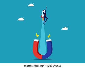 Businessman flying by rocket frees from magnetic attraction. The concept of escaping and discovering new innovations