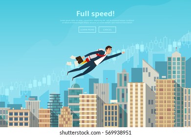 Businessman flying by the rocket up on career stairs. Concept of web banner with person moving to the success. Modern flat design of urban landscape with city buildings, vector illustration.

