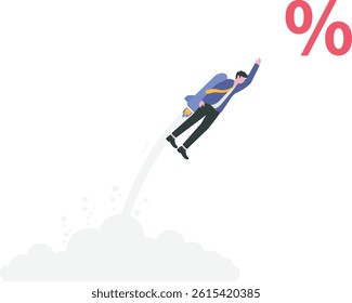 Businessman flying up by rocket reaching for a percentage sign. success business concept

