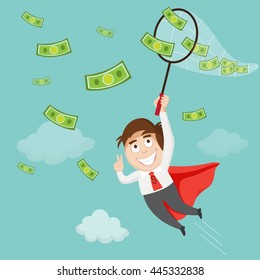 Businessman flying chasing dollar flying, vector illustration cartoon