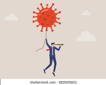 Businessman flying with a coronavirus pathogen balloon, investors or business owners seeking business profits from the coronavirus outbreak concept.