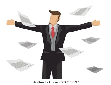 Businessman with flying documents. Concept of achievement. Isolated vector illustration.