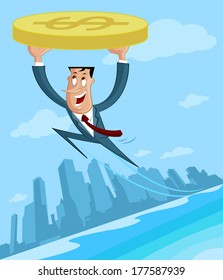 Businessman flying with dollar in profit