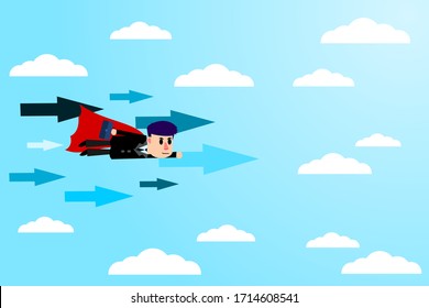 Businessman flying forward like a superhero. Flying forward for better benefits. Business Concept. Vector illustration