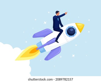 Businessman flying forward on a rocket on blue sky background. Success in business and career. Boost your business, startup growth and progress in economic crisis. New business project launching