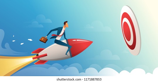 Businessman flying forward with a rocket engine to big target. Business vector concept illustration