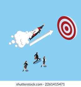 Empresario volando hacia delante con un motor de cohetes 3d concepto de ilustración vectorial isométrica para banner, sitio web, página de aterrizaje, anuncios, plantilla de volante