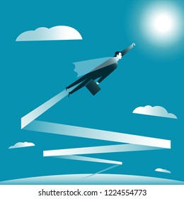 Businessman flying to the goal. Businessman in the mantle as superman flies all higher. Business success concept. Vector illustration.