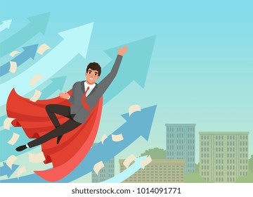 Businessman flying up with growing statistics arrows. Successful young worker in formal suit and red superhero cloak. Blue sky and office building on background. Flat vector