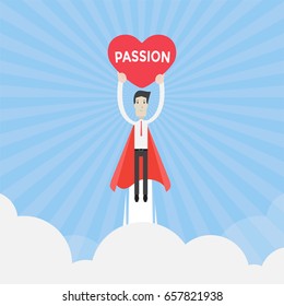 Businessman flying up with heart sign of passion - Vector