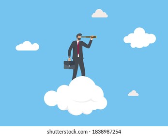 Business Vision zu sehen, Chancen oder Strategie, Entdeckung oder Visionär, um nach vorn schauen in Business-Konzept, Vertrauen Geschäftsmann-Führer auf fliegenden High Cloud-Blick durch Teleskop.