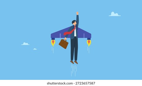Hombre de negocios volando alto con propulsor de cohete jetpack. Ambición o aspiración al éxito en el trabajo, el crecimiento de la carrera o impulsar el desarrollo empresarial, emprendedor lanzar nuevo proyecto de startup.