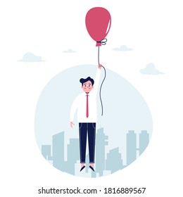 Businessman is flying in a hot air balloon concept. Flat design vector illustration