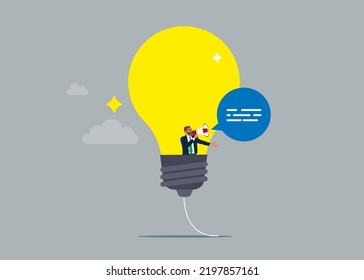 Businessman flying in a hot air balloon representing, ideas, talent. Flying in their ideas and pointing to the future. Business and marketing. Vector illustration.