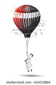 Businessman flying hot air balloon, Hand Drawn Sketch Vector illustration.