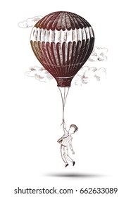 Businessman flying hot air balloon, Hand Drawn Sketch Vector illustration.