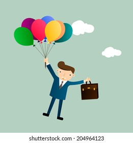 Businessman flying into sky with colorful balloon, business concept in freedom and opportunity. 