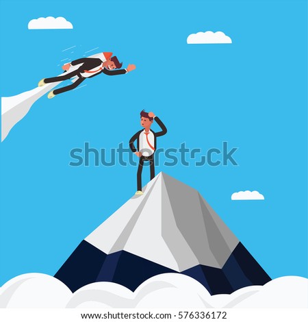 Businessman Flying a Jet pack and co worker looking enviously