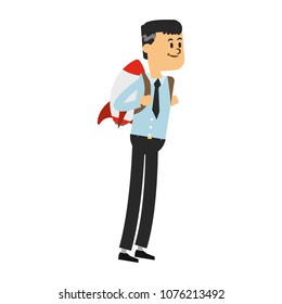 Businessman flying with jetpack