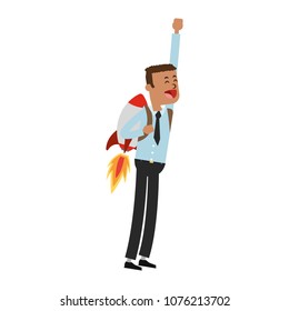 Businessman flying with jetpack