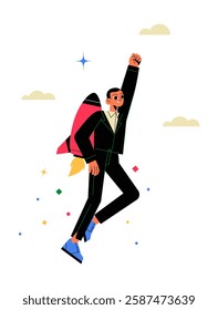 Businessman Flying With Jetpack. Male Character in Suit Taking Off in Flat Vector Illustration Symbolizing Career Growth, Motivation, and Business Success, Isolated on White Background