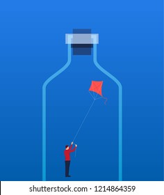 Businessman flying a kite inside a sealed glass bottle