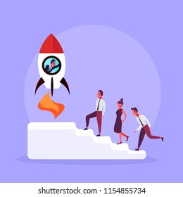 businessman flying in launching rocket top ladder podium business team climbing teamwork startup concept cartoon character violet background full length flat vector illustration