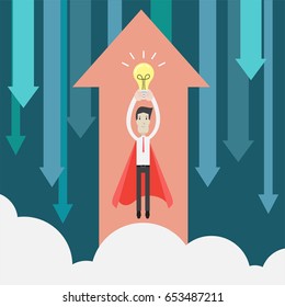 Businessman flying up with light bulb idea - Vector
