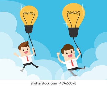 businessman flying in light bulb ideas like air balloon on clouds with beautiful blue sky