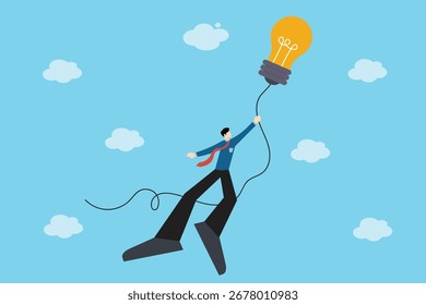 Businessman flying with lightbulb balloon creative innovation idea success vector illustration