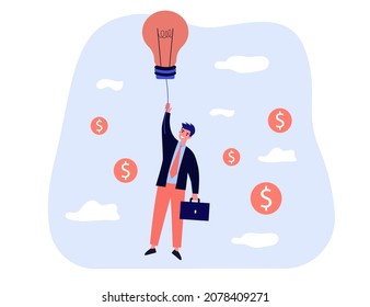 Businessman flying with lightbulb balloon into sky. Man hanging on lamp among money coins flat vector illustration. Innovation, business idea concept for banner, website design or landing web page