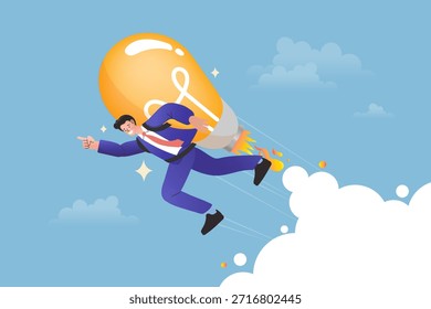 Hombre de negocios volando con el jetpack del cohete de la bombilla que representa la innovación creativa y el lanzamiento de la puesta en marcha. Un concepto de aceleración del crecimiento empresarial, impulso del poder de las ideas inteligentes y éxito futuro.