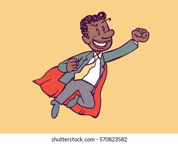 Businessman flying like a superhero, with red cape
