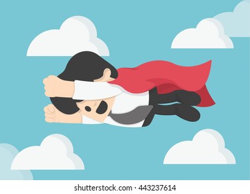 Businessman is flying like superman flying fast on the sky