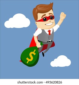 Businessman flying. Manager character as a super hero. Flat character. bag with money.