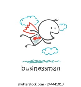 businessman flying in a medium with a cloak of clouds illustration