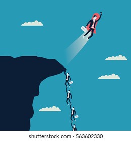 Businessman Flying Off A Cliff With A Jet Pack While Colleges Are Falling Off The Cliff