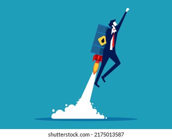 Businessman flying with oil tank rocket. Starting a business with energy costs. vector