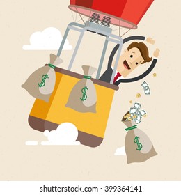 Businessman is flying on a aerostat and have fun throwing down bags full of money. Illustration, vector, flat