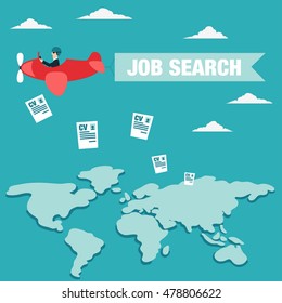 Businessman flying on airplane with banner over world map and throwing resumes. Unemployment, jobless and employee job reduction vector concept