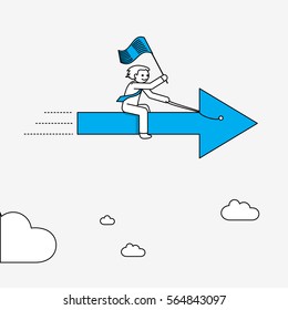 Businessman flying on arrow. Modern illustration in linear style infographics.