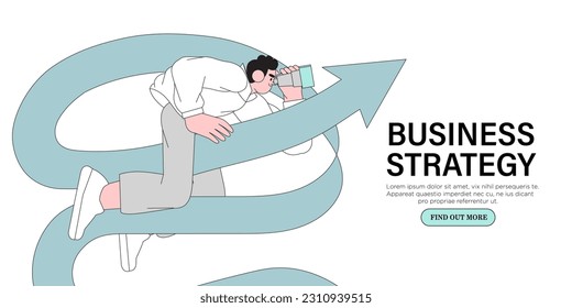 Businessman flying on arrow through obstacles to his goal. Business developement, career success or growth and opportunity, startup concept banner, landing web page. Creative trendy character.