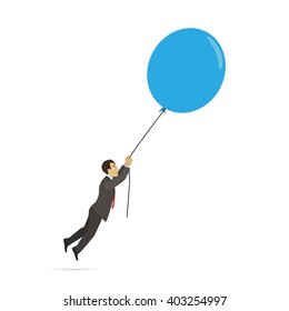 Businessman flying on a balloon. Symbol of success. Vector flat design illustration isolated on white background.