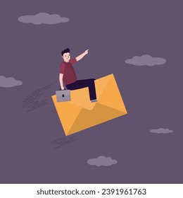 Businessman flying on email envelope, follow up email sending message to confirm important project, ensure progress or tracking project status. Marketing, promotion campaign, spam. vector illustration