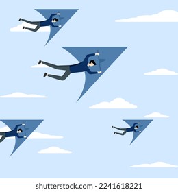 businessman flying on a glider towards growth to win challenges, innovative way to win business competition, think difference or choose winning direction, concept of ambition and our own creativity.