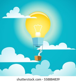 Businessman is flying on idea light bulb balloon. Vector stock illustration.